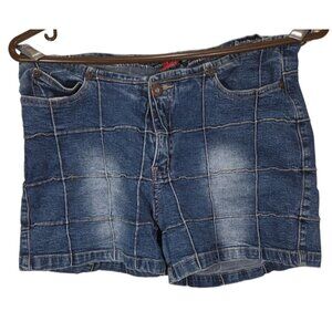 Y2K Womens Denim Grid Windowpane Patchwork Seamed Mini Micro Shorts Rave Sz 28